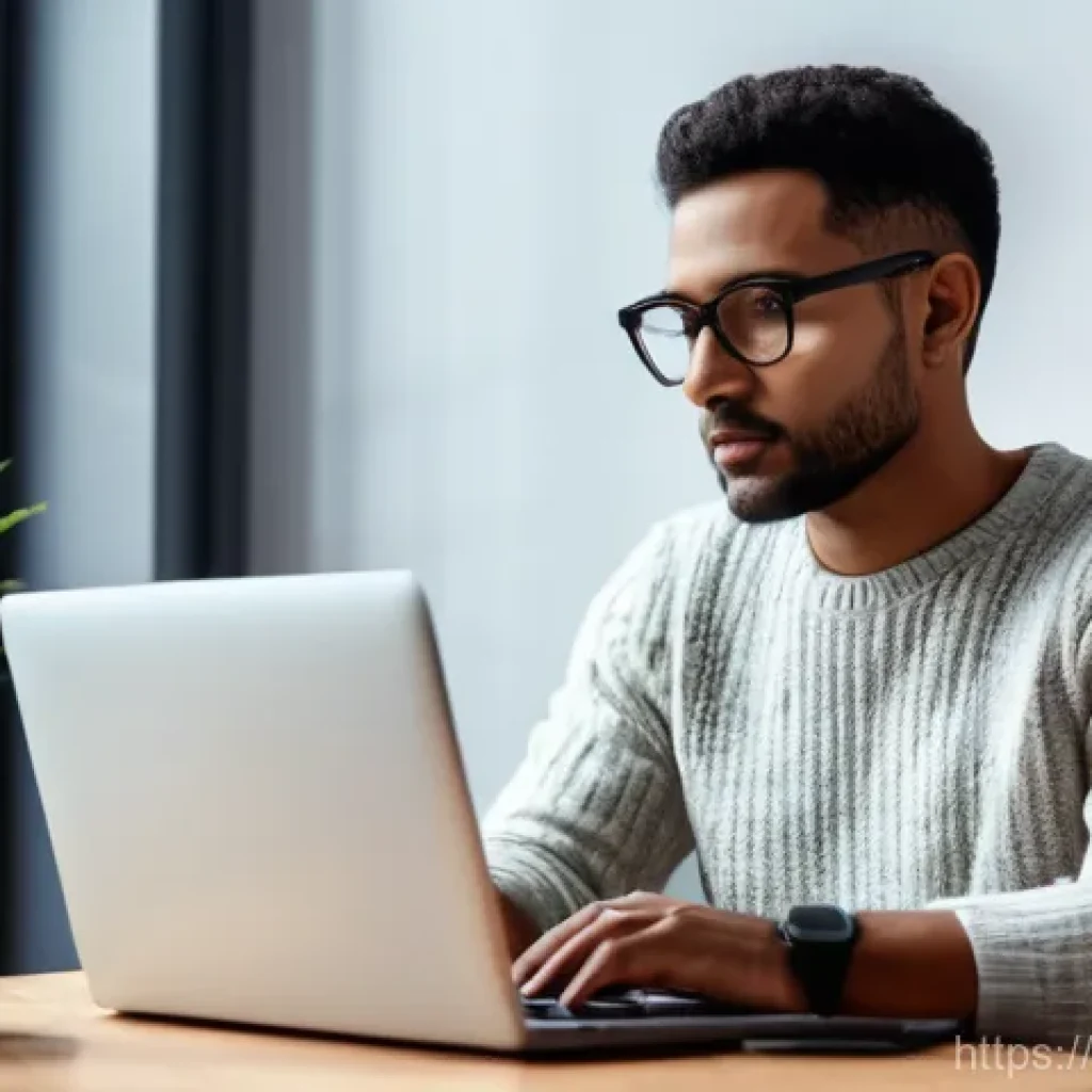 사이버보안 관련 재택근무의 중요성 - A person in their late 20s to early 30s, dressed in smart casual clothes (like a comfortable sweater...