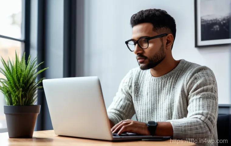 사이버보안 관련 재택근무의 중요성 - A person in their late 20s to early 30s, dressed in smart casual clothes (like a comfortable sweater...