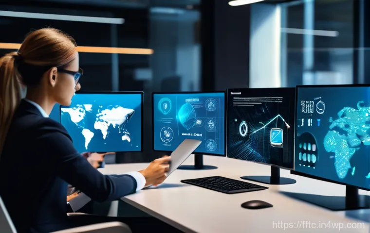 사이버보안 관련 재택근무의 중요성 - An abstract, futuristic depiction of artificial intelligence as a central, glowing blue-purple core,...