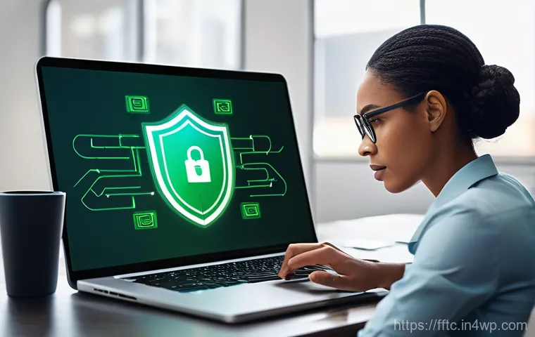 사이버보안 생활 습관 점검하기 위한 앱 추천 - **Image Prompt 1: Digital Fortress**
    A diverse adult, looking focused and confident, is seated a...