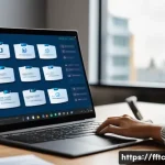 안전한 파일 공유 방법과 주의사항 - A modern office workspace showing a professional woman carefully adjusting file sharing settings on ...
