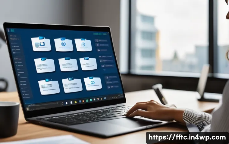 안전한 파일 공유 방법과 주의사항 - A modern office workspace showing a professional woman carefully adjusting file sharing settings on ...