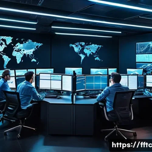 사이버보안 사고 조사 절차 및 방법 - A high-tech cybersecurity operations center with multiple large monitors displaying real-time networ...