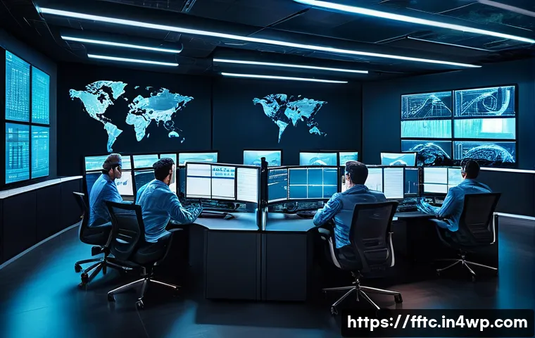 사이버보안 사고 조사 절차 및 방법 - A high-tech cybersecurity operations center with multiple large monitors displaying real-time networ...