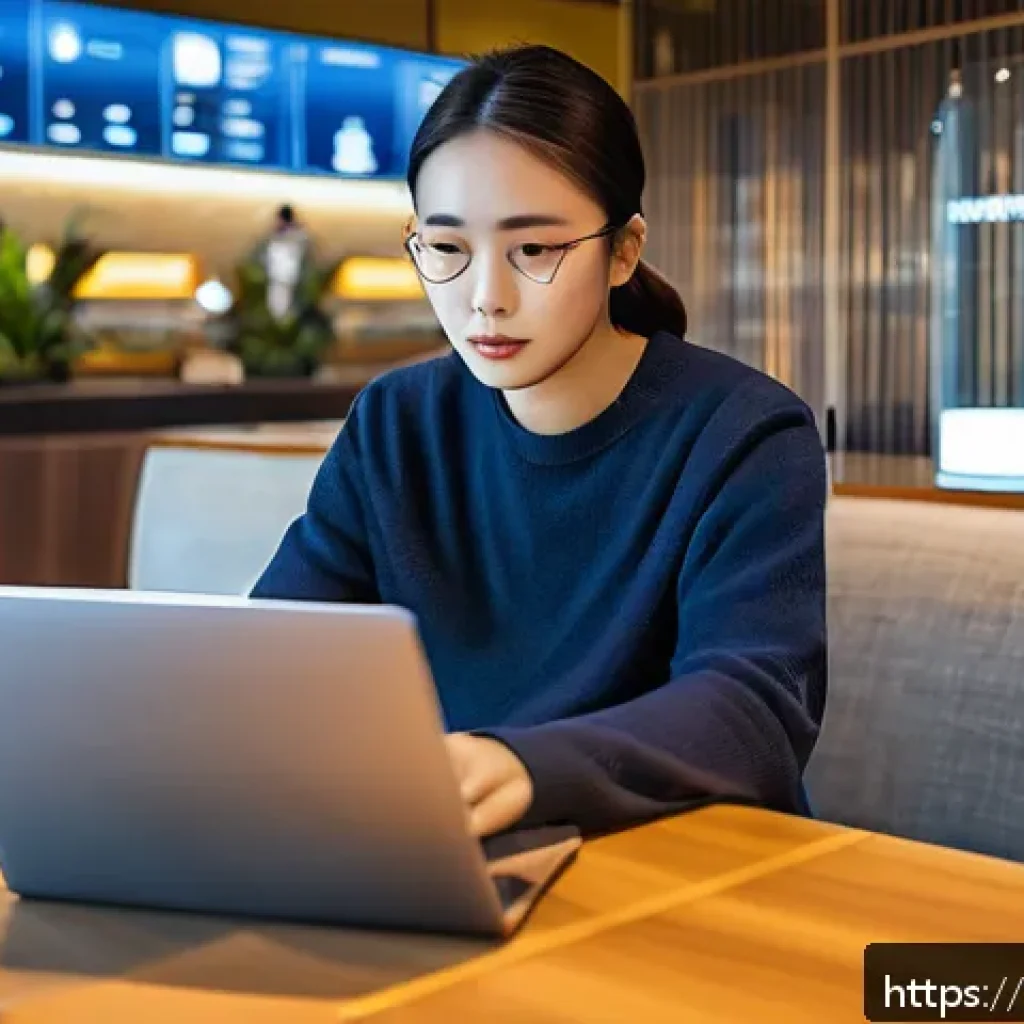 여행 중 사이버보안 유지하는 방법 - A traveler sitting at a hotel lobby using a laptop connected to a secure personal hotspot created by...