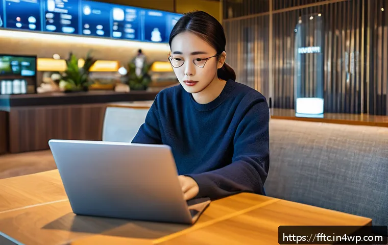 여행 중 사이버보안 유지하는 방법 - A traveler sitting at a hotel lobby using a laptop connected to a secure personal hotspot created by...
