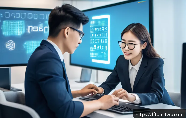 매일 실천해야 할 사이버보안 체크리스트 - A modern office scene showing a diverse group of professionals practicing strong digital security ha...